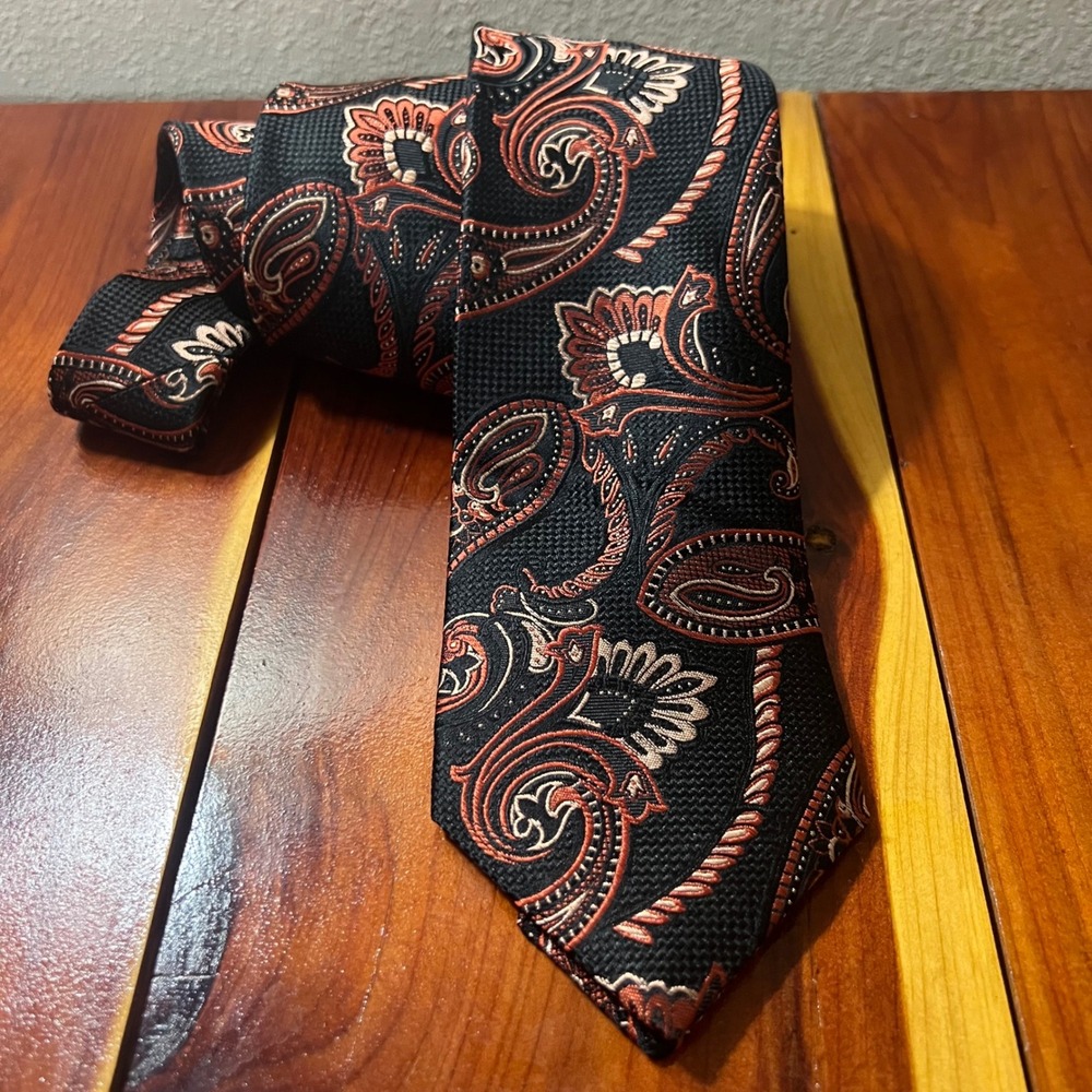 NWT Murano Mens Extra Long Silk Tie Paisley Black Orange Copper Handmade USA